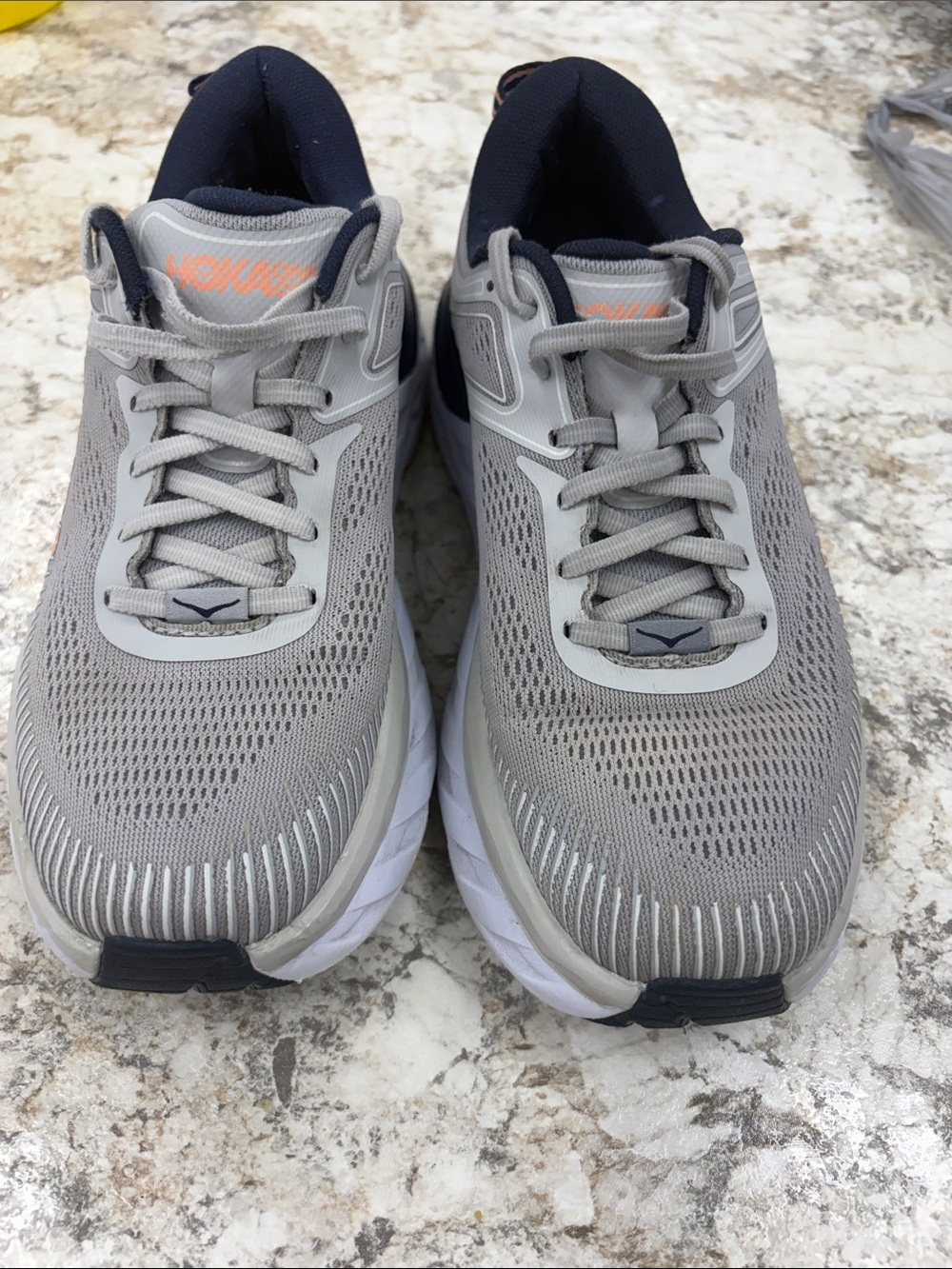 Hoka Light Gray and Navy Running Shoes with Coral Logo